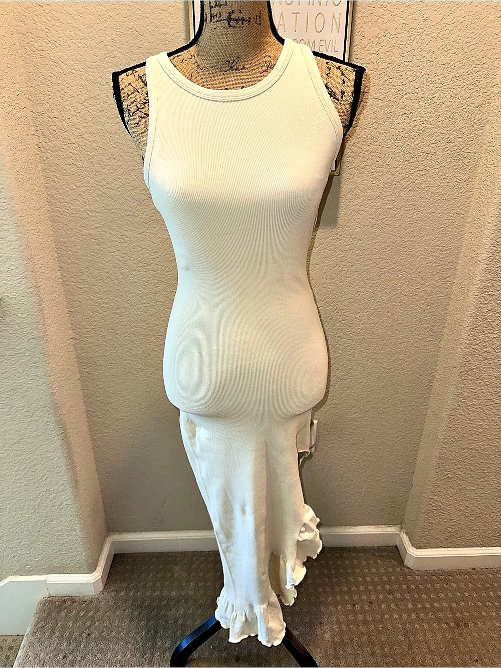 OQQ Ribbed Sleeveless Asymmetrical Ruffle Hem Maxi Dress White Large
